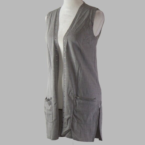 Christina's Gray Sleeveless Open Front Long Embellished Vest Tunic Size S (C783) - Picture 4 of 7